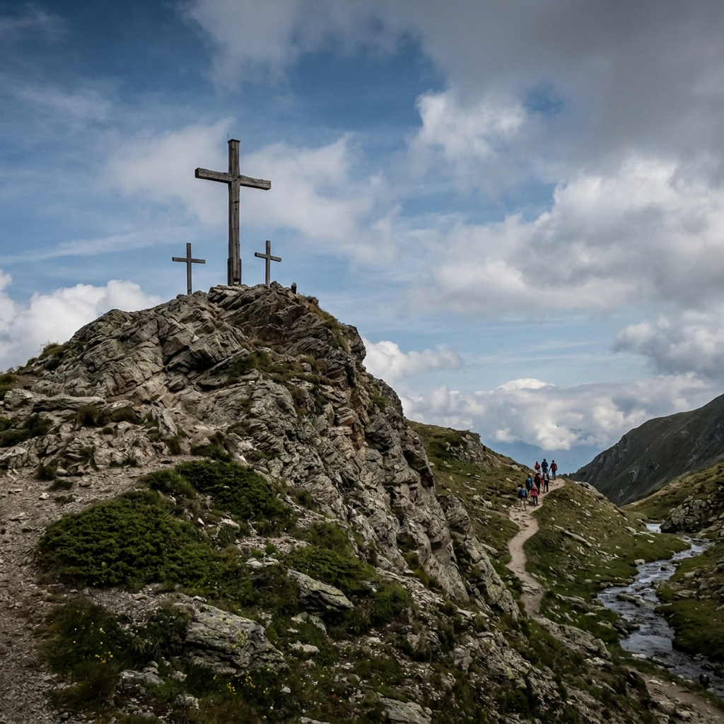 Three crosses atop a rocky mountain ridge beside a hiking trail
